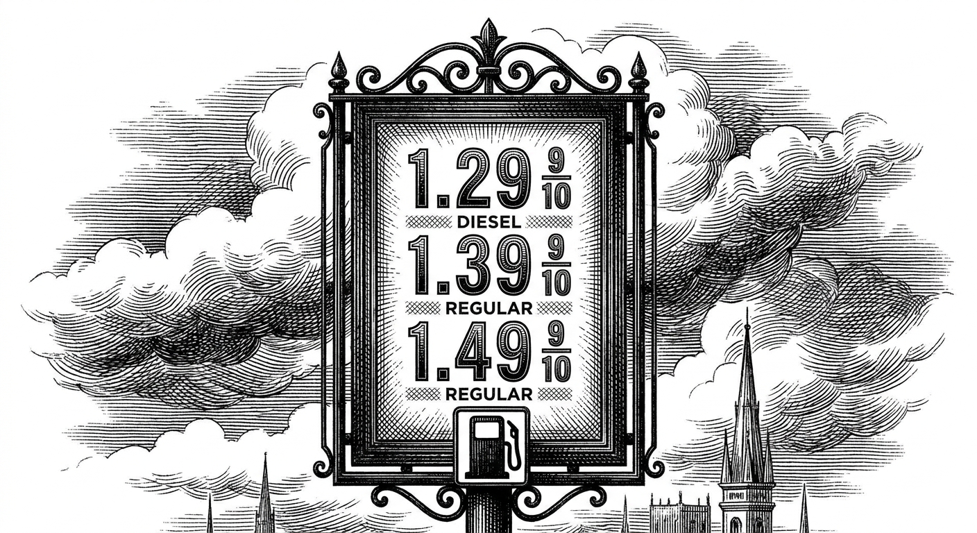 [속보] 주유소 전광판 숫자, 변동 없이 '그대로' 유지 을 묘사한 19세기 목판화 양식의 흑백 삽화