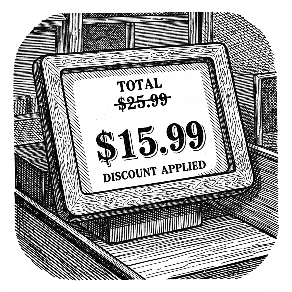 [속보] 할인 상품 선택 시 결제 금액 감소… 정가보다 낮은 가격 책정 확인 을 묘사한 19세기 목판화 양식의 흑백 삽화