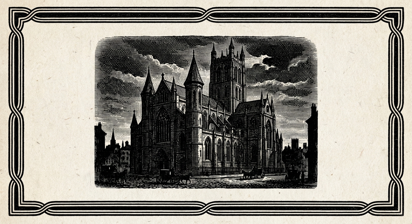 [속보] 시내 주요 시설물 전등 소등 시 '인공 광원' 일제히 소멸 을 묘사한 19세기 목판화 양식의 흑백 삽화